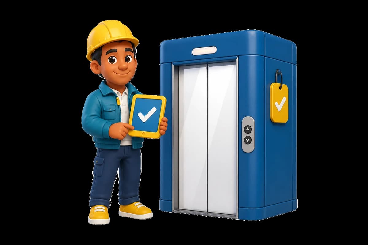 تکنسین بازدید فنی با کلاه ایمنی کنار کابین آسانسور