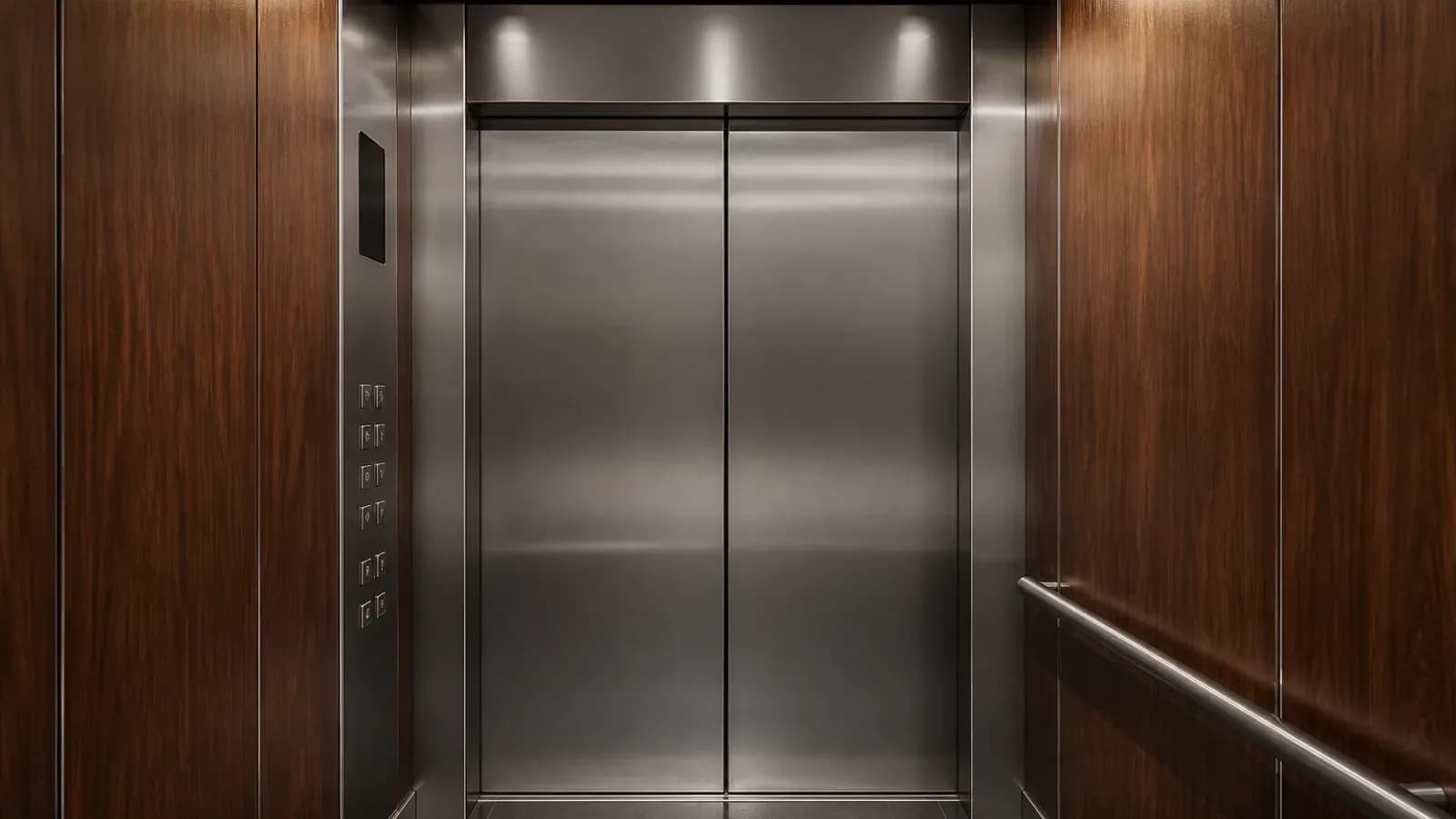 داخل کابین آسانسور با دیوارهٔ طرحچوب گرم و درب استیل خشدار؛ نور سقفی و شستی بدون متن خوانا