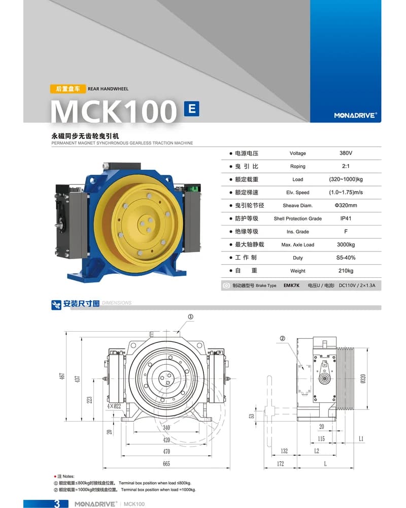 موتور کشش MONA DRIVE MCK100، ظرفیت 320–1,000 kg، موتورخانه، قابل استفاده بهصورت MRL نیز