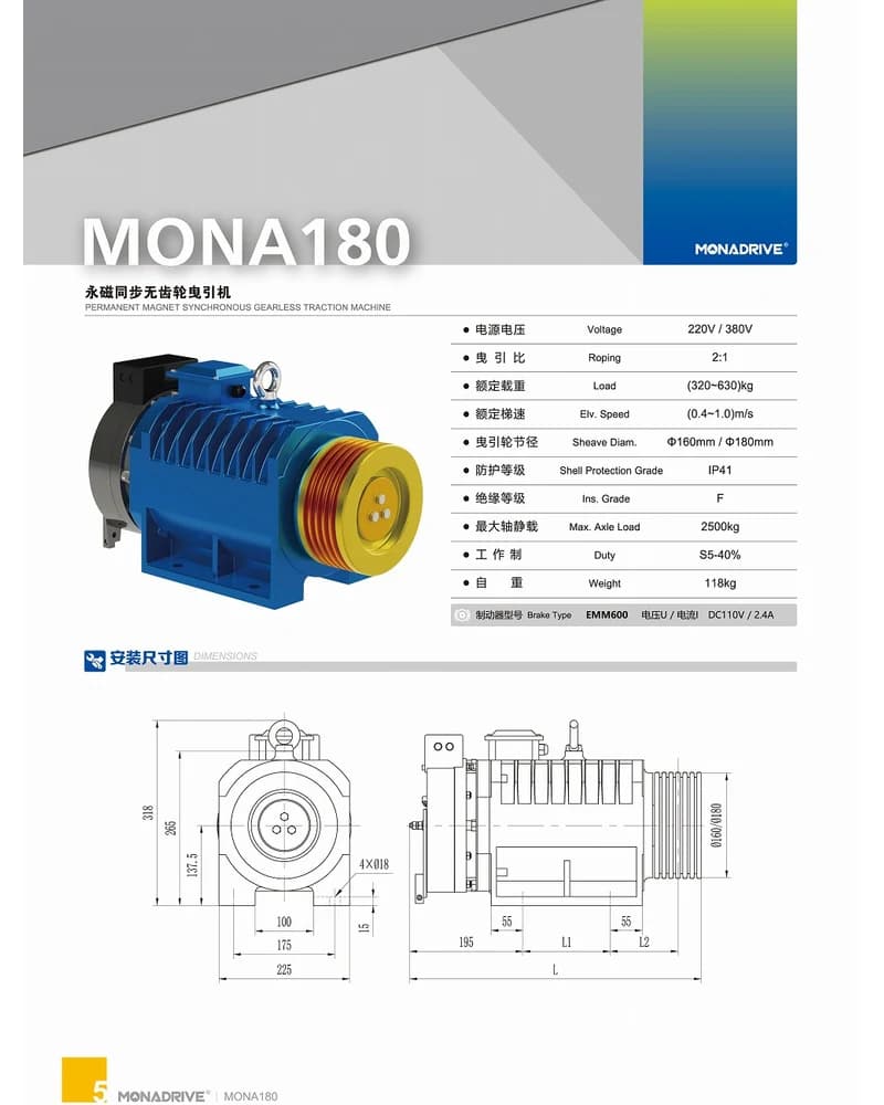 موتور کشش MONA DRIVE MONA180، ظرفیت 320–630 kg، بدون موتورخانه (MRL)